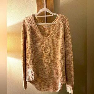 Retrology Chunky Cable Kint Oversized V-Neck Tunic Sweater Blush Pink & Cream